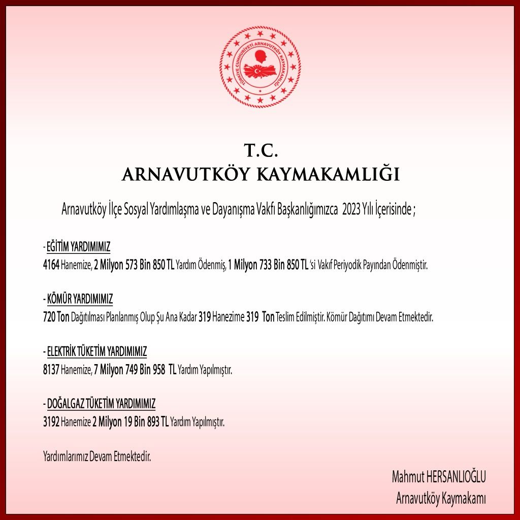 Arnavutköy İlçe Sosyal Yardımlaşma ve Dayanışma Vakfı Başkanlığımızca 2023 Yılı İçerisinde Yaptığımız Yardımlar